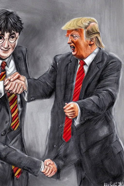 Image similar to harry potter shaking hands with donald trump, highly detailed, digital art, sharp focus, trending on art station