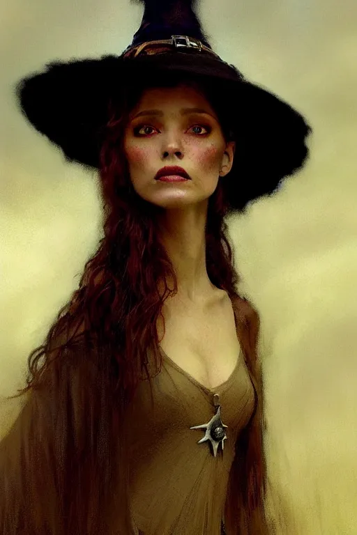 Image similar to a half body portrait of witch wearing witch dress and hat, high detail, cleary see face, by gaston bussiere, bayard wu, greg rutkowski, odd nerdrum, maxim verehin, dan dos santos, masterpiece, sharp focus, cinematic lightning