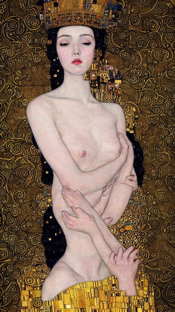 Image similar to a soft and breathtaking detailed painting of a beautiful black haired woman with pale skin and a crown on her head sitted on an intricate metal throne in the style of gustav klimt, blonde hair, shiny gold, elegant, highly detailed, artstation, fluo colors, concept art, matte, sharp focus, art by gustav klimt