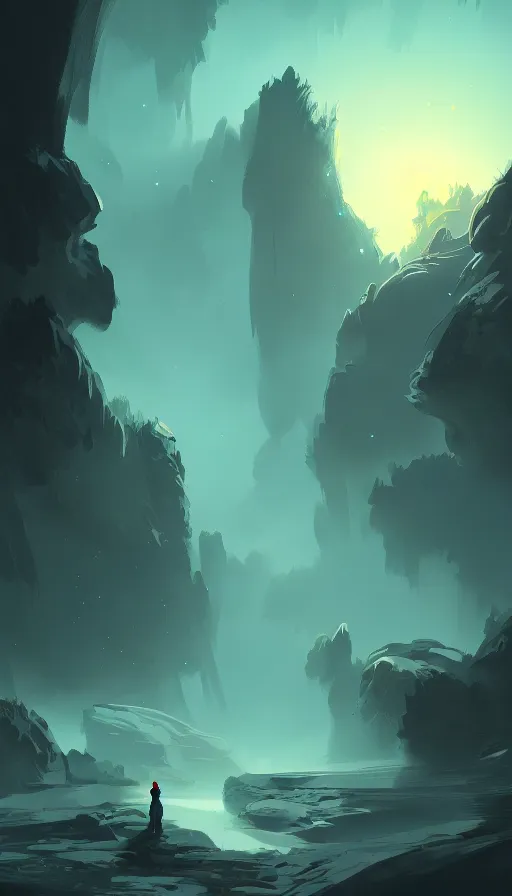 Image similar to concept art by jama jurabaev, cel shaded, cinematic shot, trending on artstation, high quality, brush stroke, lonely crystal cave under moonlight reflection, and the streams are dotted with stars