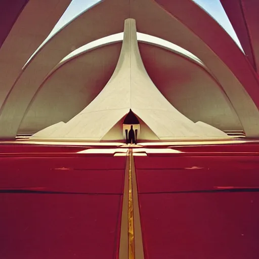 Image similar to interior of a futuristic lotus temple with gold, red and white marble panels, in the desert, by buckminster fuller and syd mead, intricate contemporary architecture, photo journalism, photography, cinematic, national geographic photoshoot