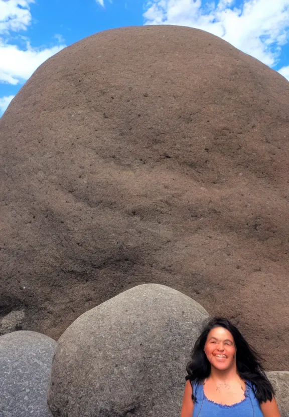 Prompt: tourist photo next to the world's biggest rock