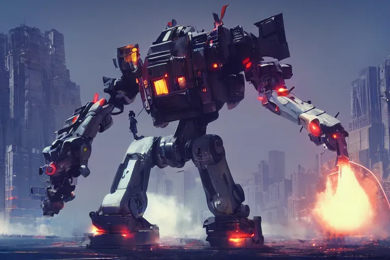 six meter tall mech firing a minigun in a city, action | Stable ...