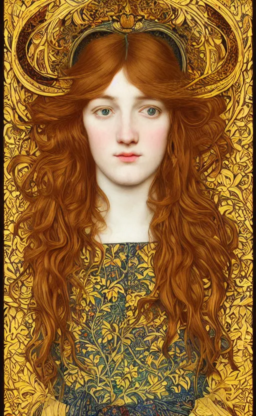 Prompt: full body hipster masterpiece of preraphaelite portrait photography, hipster hair fringe, yellow ochre ornate medieval dress, william morris and kilian eng and mucha, framed, 4 k