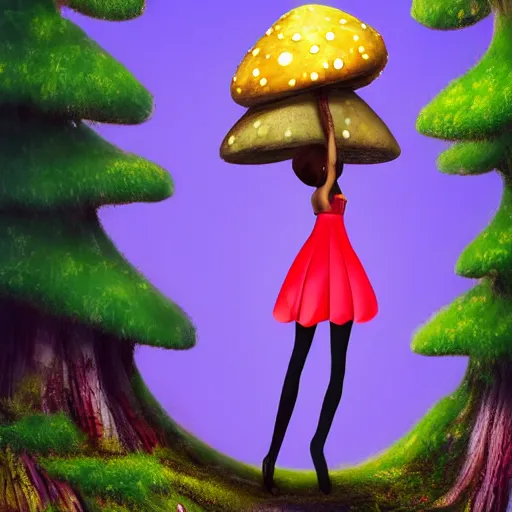 Image similar to Portrait of a thin girl in full height, elegant pose, a huge toadstool hat on her head, large eyes without a pupil ,he girl is standing on the edge of the forest, surrounded by colorful sparkling moss