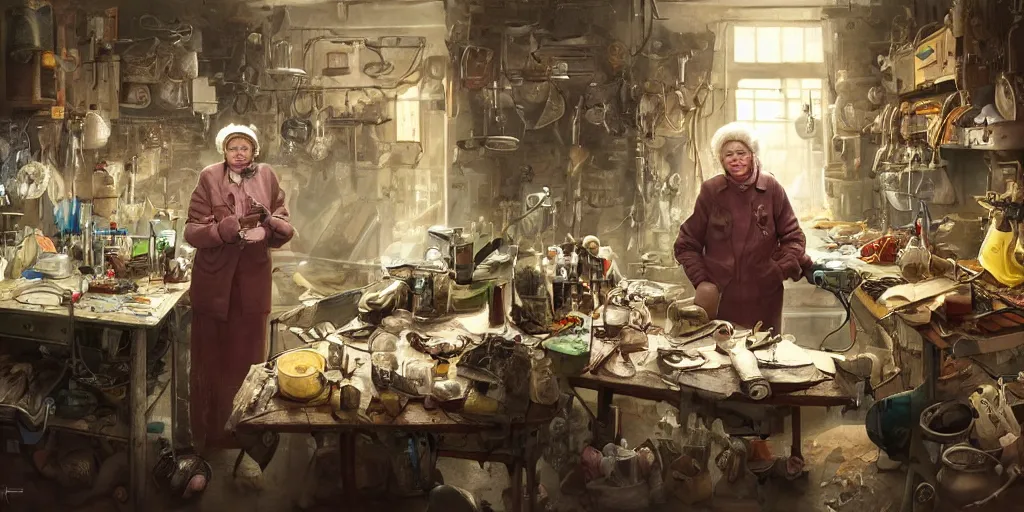 Image similar to an environmental concept art of an elderly russian woman cyberneticist in a cluttered workshop, surgical implements, surgery table, highly detailed, cinematic, dramatic, cyberpunk, dieselpunk, scifi