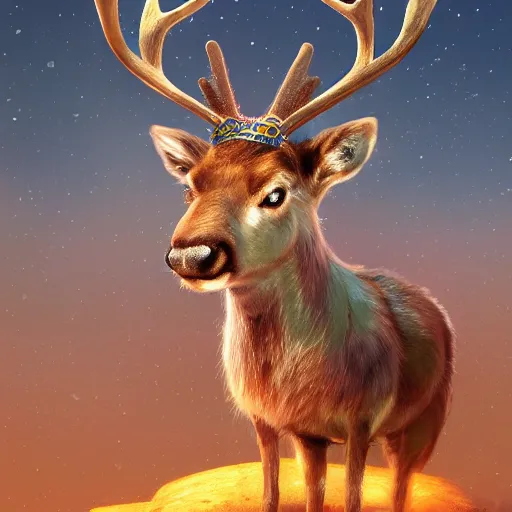 Prompt: A small reindeer king sitting on a throne in Egypt, highly detailed portrait, scifi, digital painting, artstation, concept art, smooth, sharp foccus ilustration, Artstation HQ