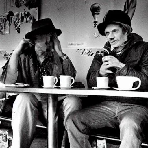 Prompt: two men at a cafe photographed by larry clark