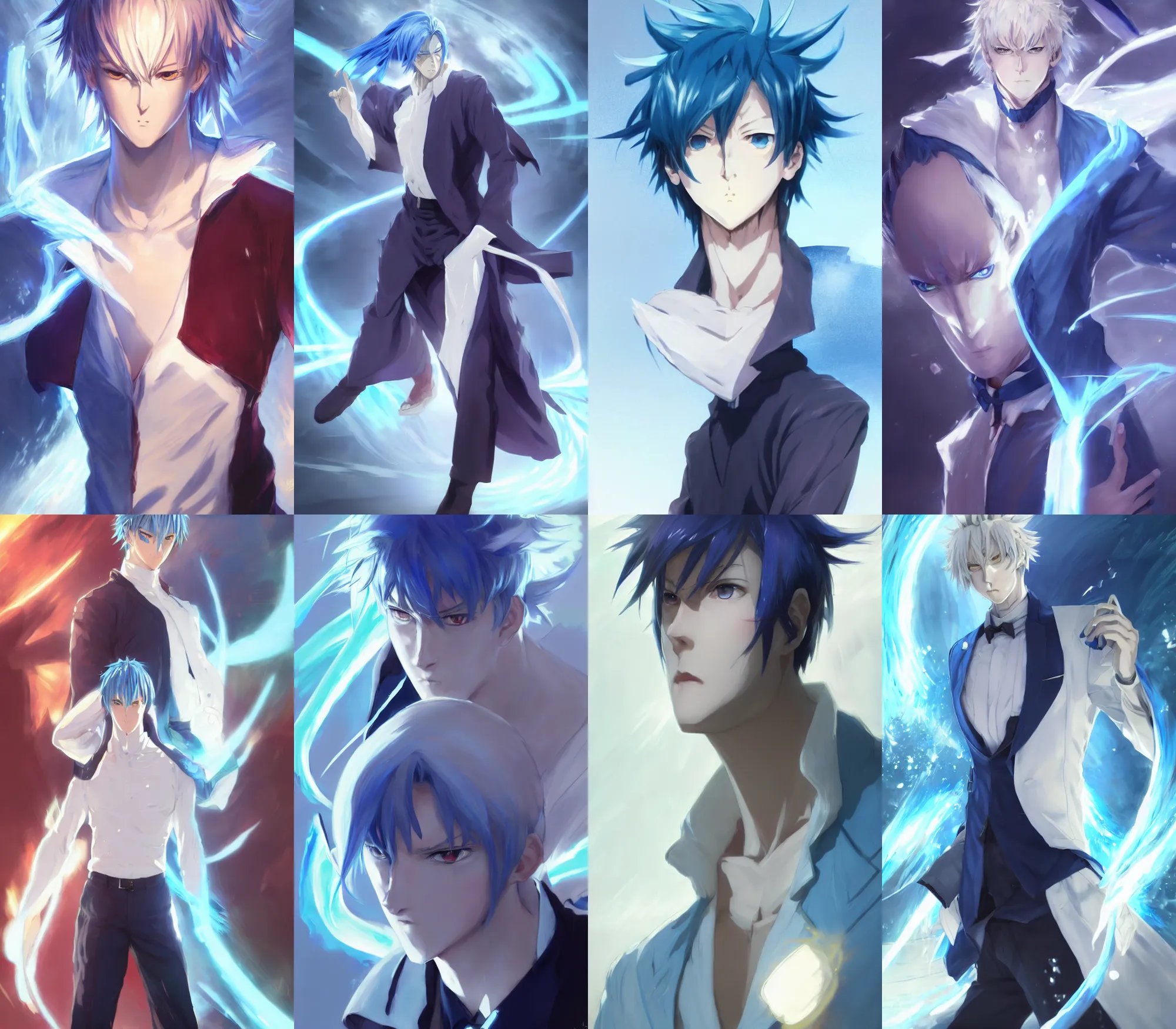 Prompt: Tall anime guy with glowy blue eyes, highly detailed angry anime face, blue hair wearing bordeaux shirt and white elegant jacket drawn, in a fighting stance, digital painting, artstation, concept art, soft light, hdri, smooth, sharp focus, illustration, art by tian zi and craig mullins and WLOP and alphonse mucha, MIHOYO STYLE, visual novel sprite, character design