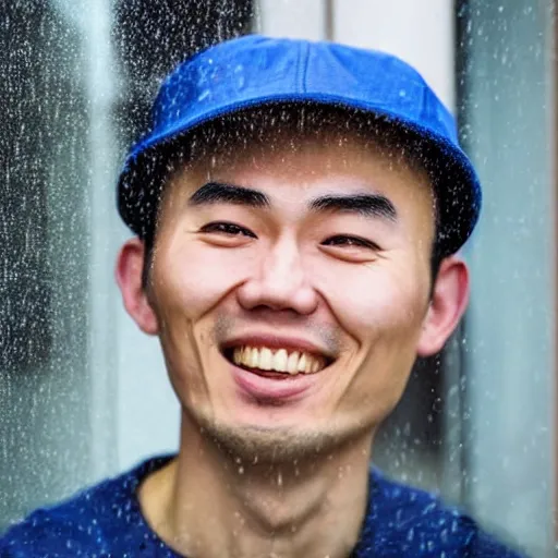 Image similar to a 2 5 years old chinese man, wearing a blue cap, smiling creepy, while looking trought a window, in the rain