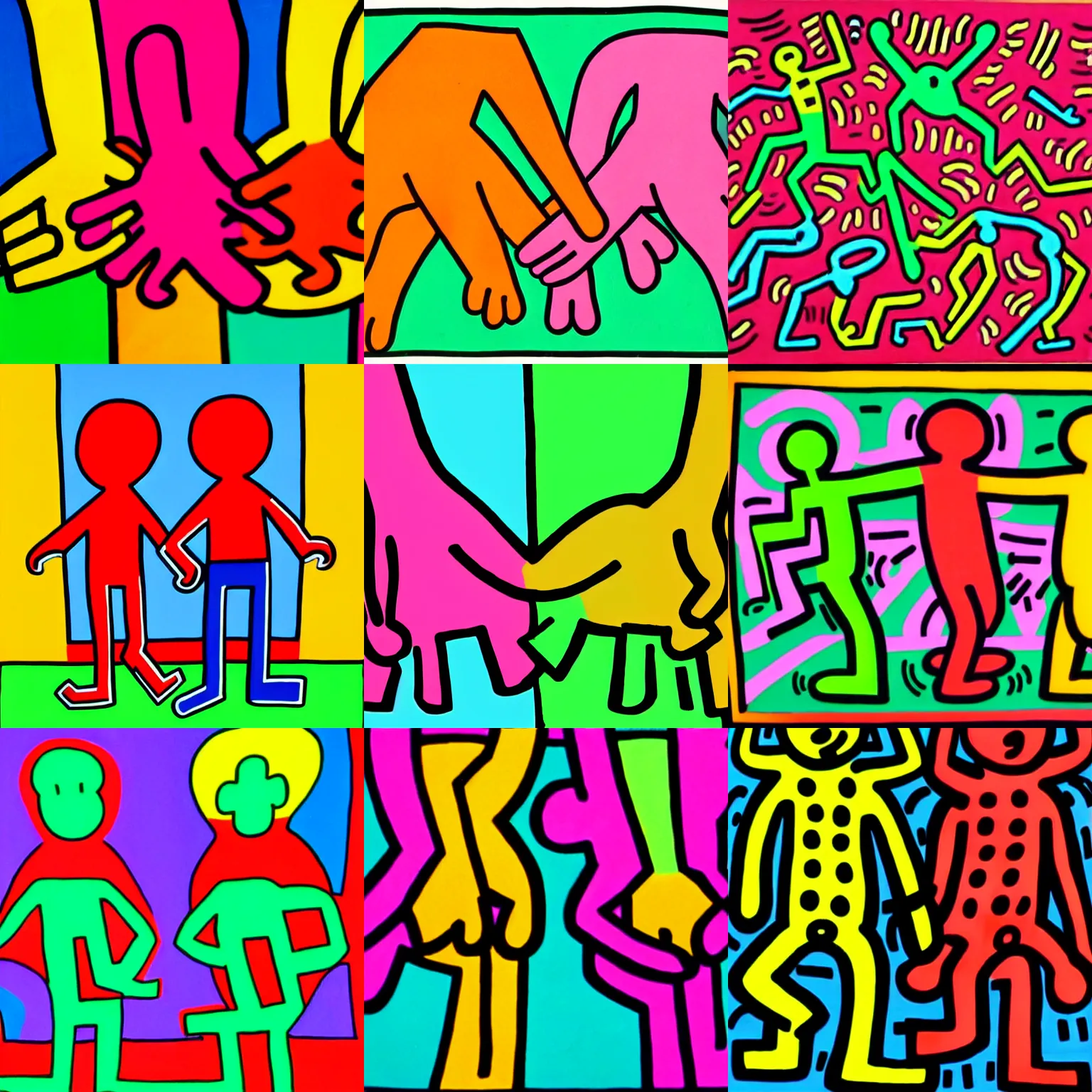 Prompt: 2 gay men holding hand by keith haring. fully clothed. colorful hd