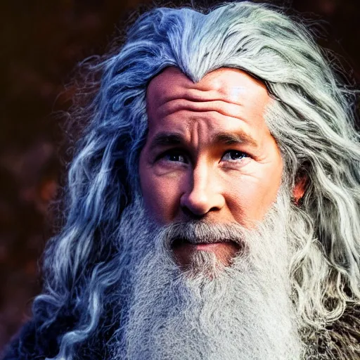 Prompt: Ryan Reynolds as Gandalf the wizard, highly detailed, high quality, HD, 4k, 8k, Canon 300mm, professional photographer, 40mp, lifelike, top-rated, award winning, realistic, sharp, no blur, edited, corrected, trending