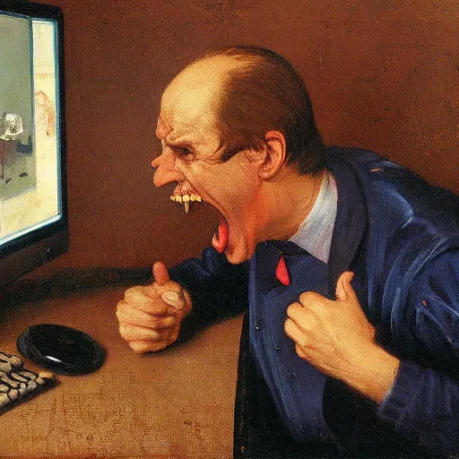 Image similar to an angry man yells at his computer monitor, oil on canvas, 1 8 8 3, highly detailed