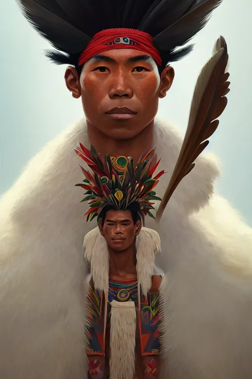 Image similar to man of q'eros, peru amazon tribe, finely detailed perfect face, exquisite details, fire magic, mid view, design on a white background, by studio muti, greg rutkowski makoto shinkai takashi takeuchi studio ghibli