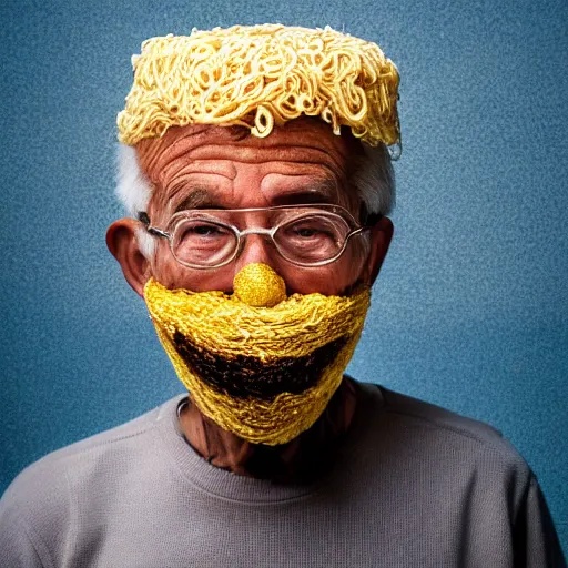 Prompt: an elderly man wearing a mask made from ramen noodles, bold natural colors, national geographic photography, masterpiece, 8 k, raw, unedited, symmetrical balance