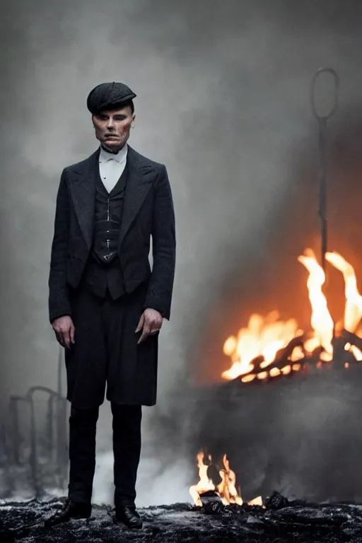 Prompt: Full-body portrait of Cillian Murphy in Peaky Blinders standing, fire in the background, dramatic, gloomy, dark, bleak, cheerless, desolate, impressive, tragic, cinematic, dull colours, dark colour scheme, atmospheric, high quality