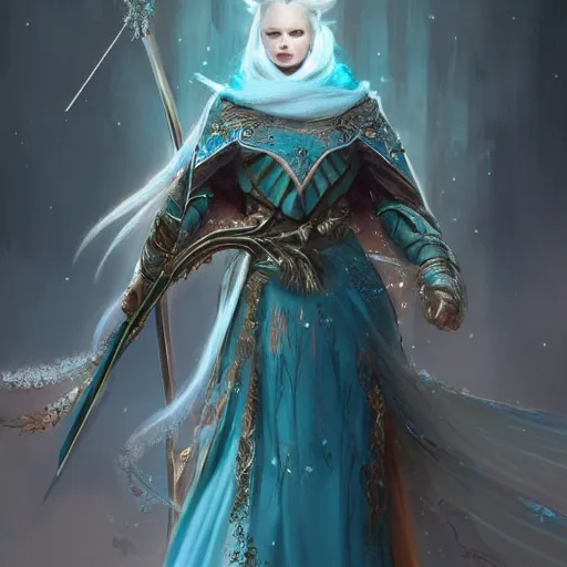 Image similar to half length portrait of a handsome snow elf in a turquoise cape and silver armour, armed with bow and arrow, albino skin, winter vibes, elegant, very coherent symmetrical artwork, atmospheric lighting, rule of thirds, royo, klimt, miro, vallejo, frazetta, alphonse mucha, greg rutkowski, sharp focus, trending on artstation