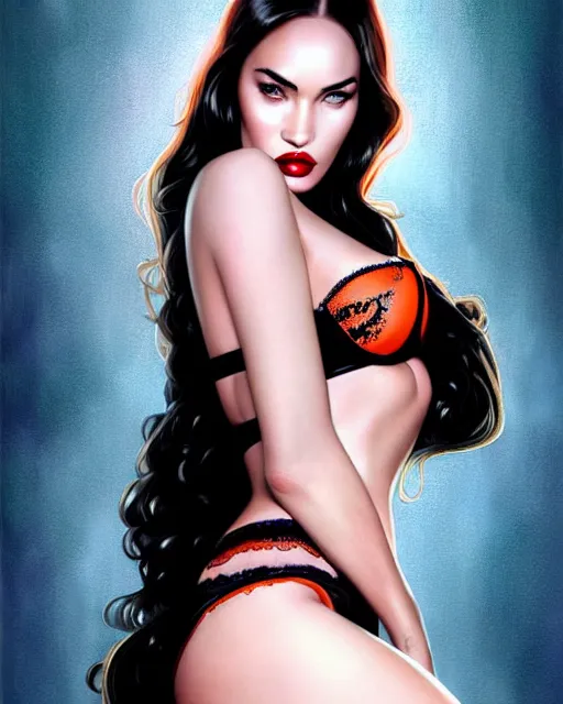 Prompt: megan fox with heavy eye makeup and pink glossy lipstick, seductive lingerie camisole, intricate, glamorous fashion pose, sharp focus, illustration, highly detailed, digital painting, concept art, art by wlop and artgerm and ross tran, masterpiece, fritz willis, vargas, blue and orange and white and black colors, charlie bowater, loish