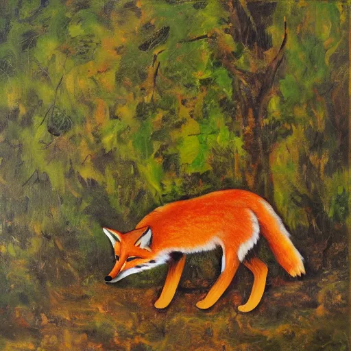 Prompt: thick layered oil on canvas painting of a fox laughing in the shade of a tree