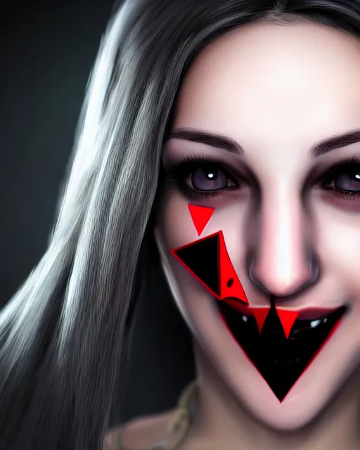 Image similar to realistic portrait of a scary young female game character with big equilateral triangle in place of a mouth, detailed portrait, high quality photo