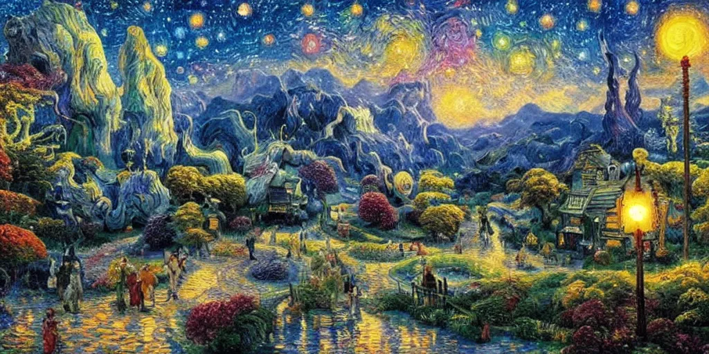 Prompt: a beautiful alien landscape with strange life forms, high realistic high detailed painting by Thomas Kinkade and Van Gogh