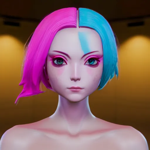 Image similar to stunningly beautiful omnipotent anime goddess with smooth porcelain skin, pink hair and mesmerizing cyan eyes, symmetrical perfect face, mid view, unreal engine 5, 8 k