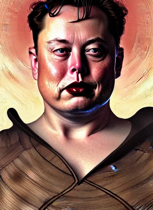 Prompt: obese elon musk as vladimir harkonnen, dune, portrait, intricate, elegant, highly detailed, digital painting, artstation, concept art, wallpaper, smooth, sharp focus, illustration, art by h. r. giger and artgerm and greg rutkowski and alphonse mucha