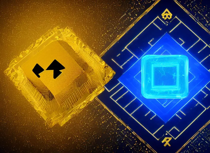 Prompt: flat square magic golden computer chip with runes and a glowing blue crystal in the center, mana flowing around it, product photo, macro, dynamic composition, hyperrealism, octane render, trending on artstation, unreal engine 5, 4 k, 8 k