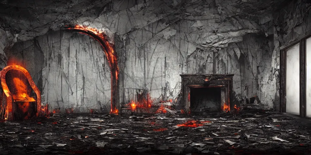 Prompt: evil villian throne in an open abandoned mysterious location, fire, night, dark, evil, chainsaw, pits, mysterious, murder, blood, unreal 5, hyperrealistic, realistic, photorealistic, dynamic lighting, highly detailed, cinematic landscape, studio landscape, studio lighting