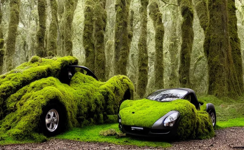 Image similar to car made of moss, luxury HD render, mossy sports car, cinematic, relaxing mossy material, moss covered car, 4k