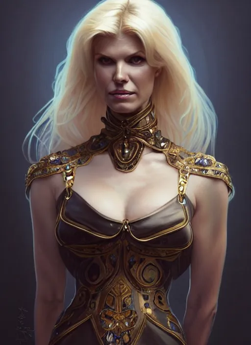 Image similar to portrait of victoria silvstedt as a lady, collar and leash, jewelry, greek, dark, intricate, headshot, highly detailed, digital painting, artstation, concept art, sharp focus, cinematic lighting, illustration, art by artgerm and greg rutkowski, alphonse mucha, cgsociety