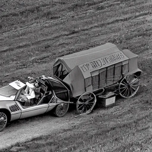 Image similar to a birds - eye view sepia photograph of a delorean made into a covered wagon, traveling in a line with covered wagons and cattle