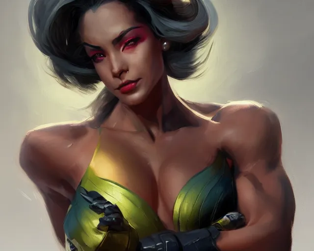 Prompt: portrait of sombra from overwatch as a beautiful female bodybuilder amazon with plump lips, elegant, fantasy, hd shot, digital portrait, beautiful, artstation, comic style, by artgerm, guy denning, jakub rozalski, magali villeneuve and charlie bowater