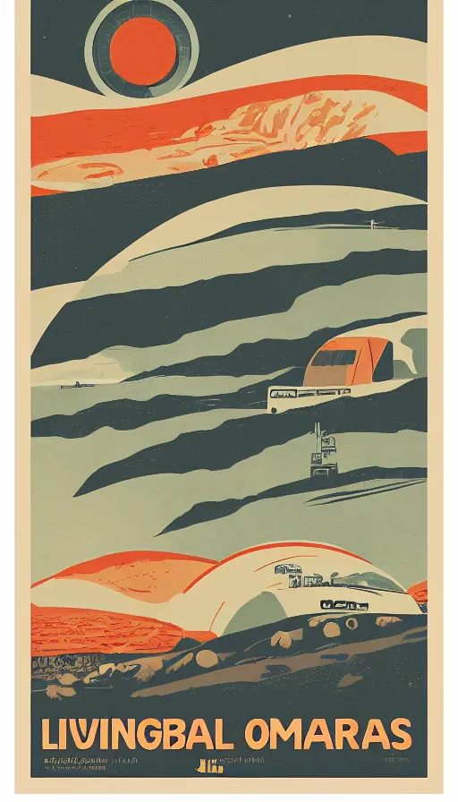 Prompt: posters for living on mars in the style of old vintage national railway posters, colonize mars posters styled like old english railway posters