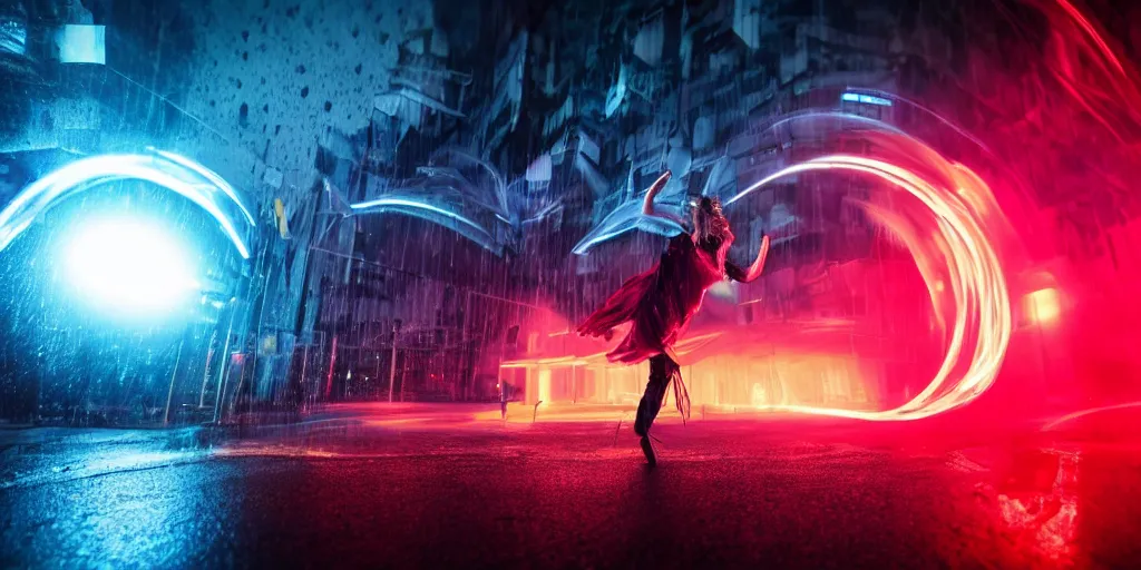 Image similar to fisheye lens slow motion with trail effect of futuristic break dancer wearing floating long dress with neon lights, long exposure shot , at night in the middle of a rainy wet street, paddle of water, steam, fog, water splashes, rim lights, glossy reflections, water droplets on lens, octane render, dark and dramatic, fire explosions in the background, detailed and soft, fisheye lens, smooth, sharp focus, illustration, art by artgerm and greg rutkowski and Annie Leibovitz, graphic glitches