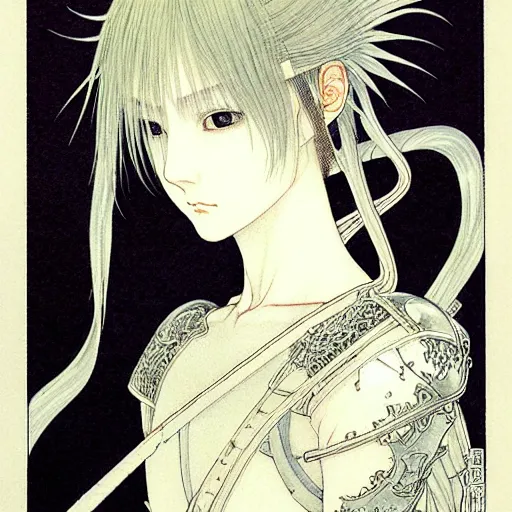 Image similar to prompt: Fragile looking vessel portrait soft light drawn by Takato Yamamoto, inspired by Fables, ancient chrome shiny knight armor, magical and alchemical weapons, soft light, white background, intricate detail, intricate oil painting detail, sharp high detail, manga and anime 2000