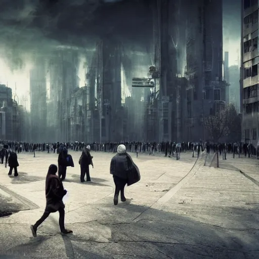 Image similar to hordes of drone-like people aimlessly walking around a depressing dystopian cityscape , trending on artststion, hyper realistic, surreal, melancholic, 8k, upscaled