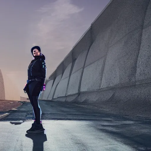 Prompt: photograph of a techwear woman, closeup, on a desert road with a futuristic city in the horizon, long exposure, sigma 85mm f/1.4, 4k, depth of field, high resolution, 4k, 8k, hd, full color