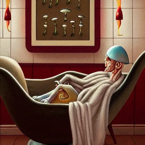 Prompt: painting of a mushroom alien sitting in a recliner by the fire smoking a pipe and wearing a soft robe and slippers, symmetrical, elegant intricate digital painting, trending on artstation, by normal rockwell