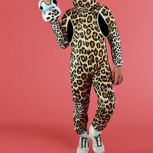 Image similar to cute teenage anthropomorphic leopard wearing a form - fitting space suit