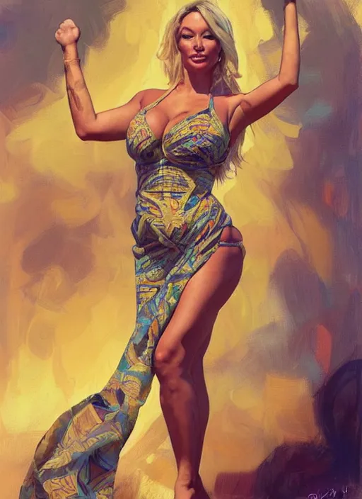 Image similar to lindsey pelas wearing a batik tube top while dancing, digital painting, artstation, concept art, sharp focus, illustration, art by artgerm and greg rutkowski and alphonse mucha