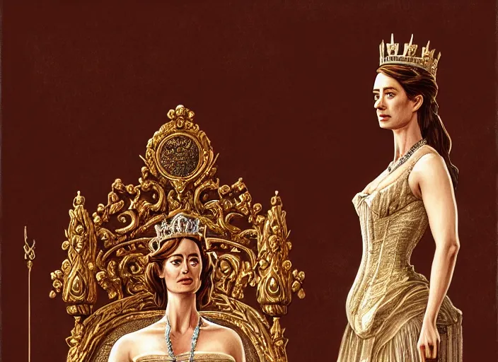 Image similar to a victorian agebthrone romm with emily blunt as queen on the throne, jewelry, greek, ruby, victorian age, 1 8 9 0, intricate, headshot, key visual, conceptart, ambient lighting, highly detailed, digital painting, artstation, concept art, sharp focus, by makoto shinkai and akihiko yoshida and greg manchess