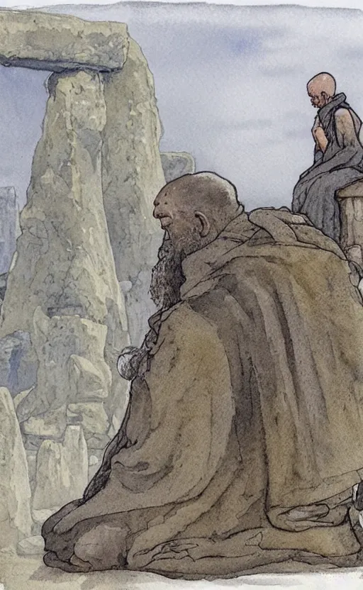 Image similar to a realistic and atmospheric watercolor fantasy concept art of giant monk in grey robes sitting in stonehenge. in the foreground a tiny medieval monk in grey robes is praying. a ufo is in the sky. by rebecca guay, michael kaluta, charles vess