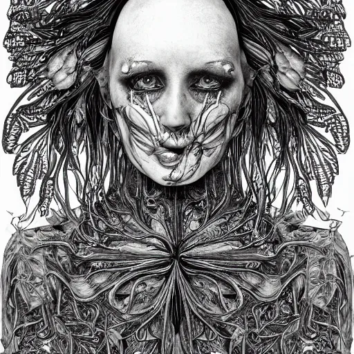 Prompt: a beautiful detailed photo of a centered full body rotten woman corpse morphing into fractal plants and fractal flowers and mushrooms, face muscles, veins, anatomical, intricate, ornate, volumetric light, beautiful lit, beetlejuice