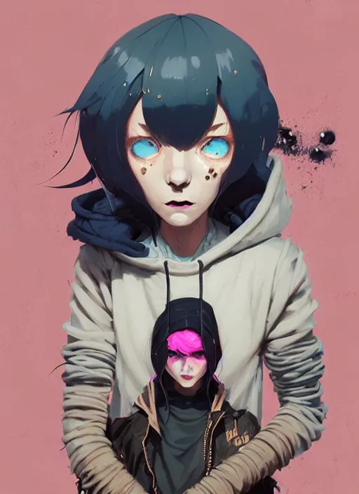 Image similar to highly detailed portrait of a sewer punk lady student, blue eyes, hoodie, tall spiral white hair by atey ghailan, by greg rutkowski, by greg tocchini, by james gilleard, by joe fenton, by kaethe butcher, gradient gold, black, brown and pink color scheme, grunge aesthetic!!! ( ( graffiti tag wall background ) )