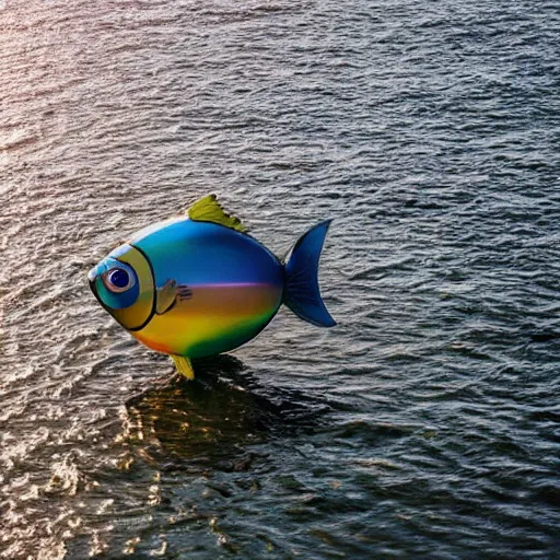 Image similar to a fish floating away from the sea tied to a ballon