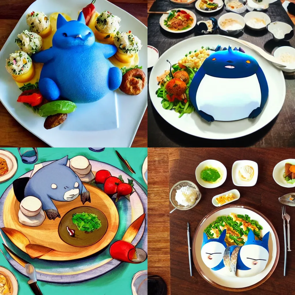 Prompt: a shot of a beautiful delicious plate of food, a hand crafted chef artisan meal made of snorlax, amazing food illustration, chef table, in style of studio ghibli, miyazaki, anime