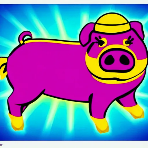 Prompt: lisa frank dashing pig wearing a simple gold throwing a football in the style of Andy J Pizza