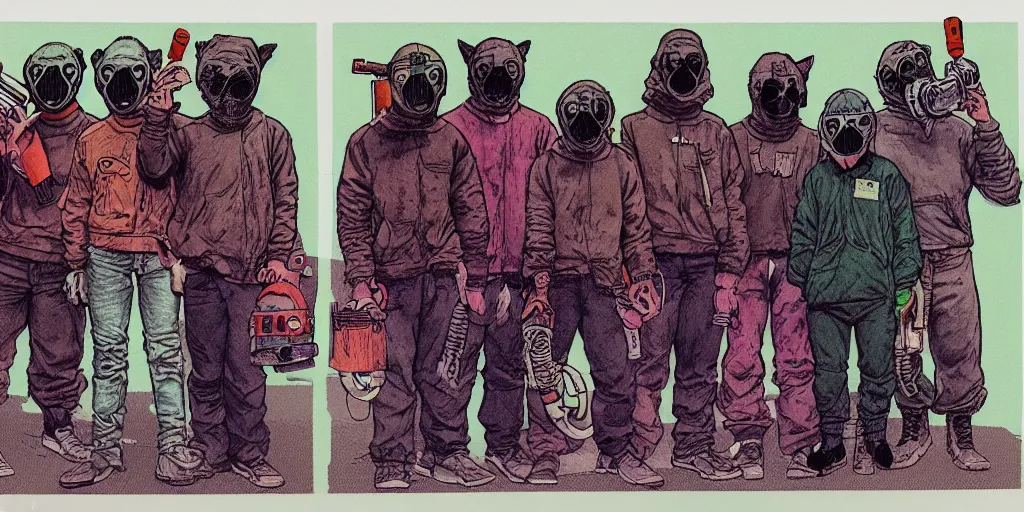 Prompt: grainy risograph, wolfs gang photo group, theyre using wolf gas mask, other using grey bandana but no mask, other using wolf mask, vivid colors, by moebius and lehr paul and kim jung gi