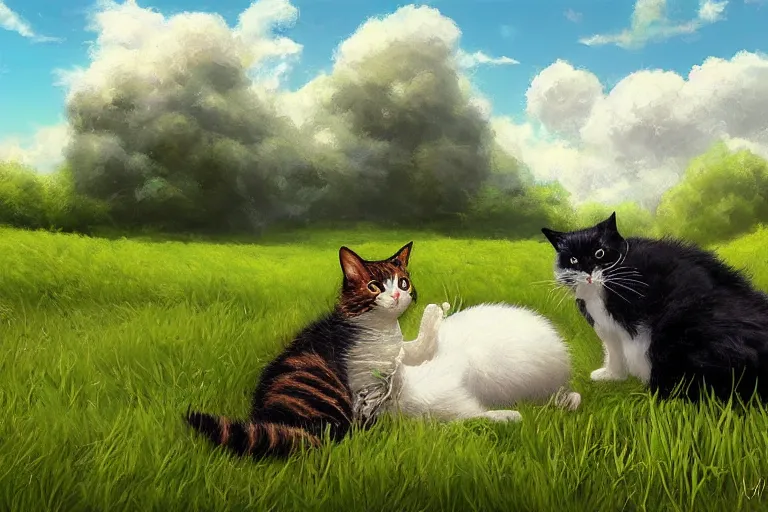 Image similar to a fat black and white male cat and a smaller tortoiseshell female cat both sleeping peacefully together in a beautiful green meadow, dreamy puffy clouds, painted by Tyler Edlin